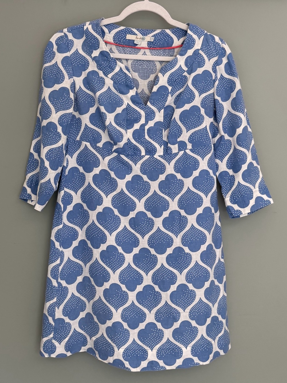 Boden 100% Linen Blue White Geometric Print 3/4 Sleeve Mini Shift Dress Coastal